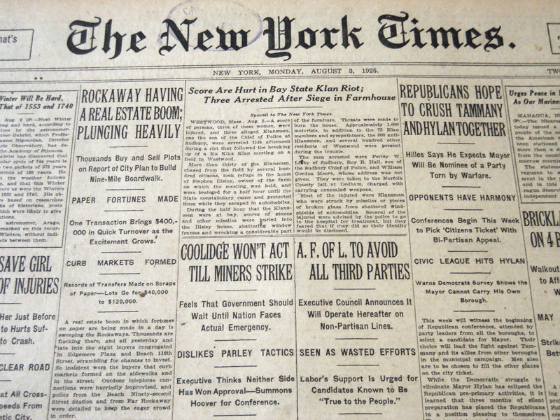 1925 AUGUST 3 NEW YORK TIMES - REPUBLICANS HPOE TO CRUSH TAMMANY - NT 5426