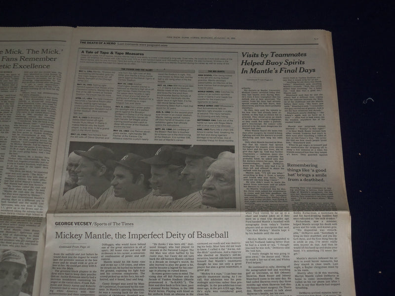 1995 AUG 14 THE NEW YORK TIMES-MICKEY MANTLE DIED- LOSES CANCER BATTLE - NP 3019