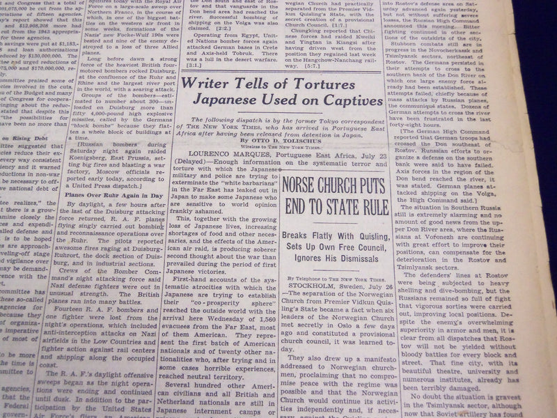 1942 JULY 27 NEW YORK TIMES - WRITER TELLS OF TORTURES JAPANESE USED - NT 1257