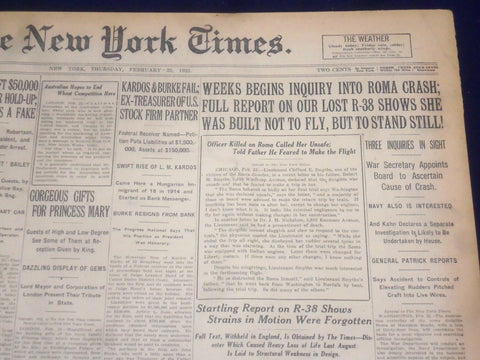 1922 FEBRUARY 23 NEW YORK TIMES - WEEKS BEGINS INQUIRY INTO ROMA CRASH - NT 9021