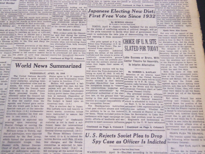 1946 APRIL 10 NEW YORK TIMES - CHOICE OF U. N. SITE TODAY - NT 4229