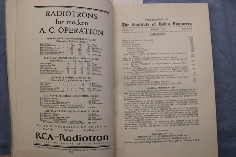1927 AUGUST PROCEEDINGS OF INSTITUTE OF RADIO ENGINEERS SOFTCOVER BOOK - K 3234