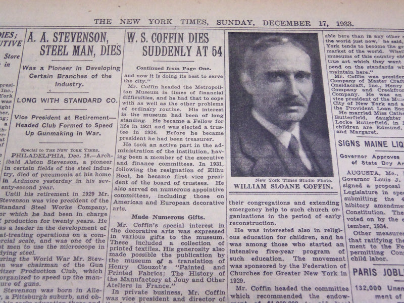 1933 DECEMBER 17 NEW YORK TIMES - W. S. COFFIN DIES AT 54 - NT 4175