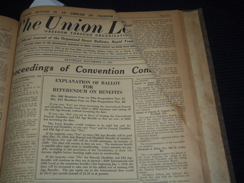 1939 THE UNION LEADER - CHICAGO RAILWAY - RAPID - BUS EMPLOYEES BOUND VOLUME