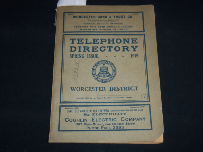 1919 SPRING WORCESTER DISTRICT TELEPHONE DIRECTORY - WORCESTER DISTRICT - J 8819