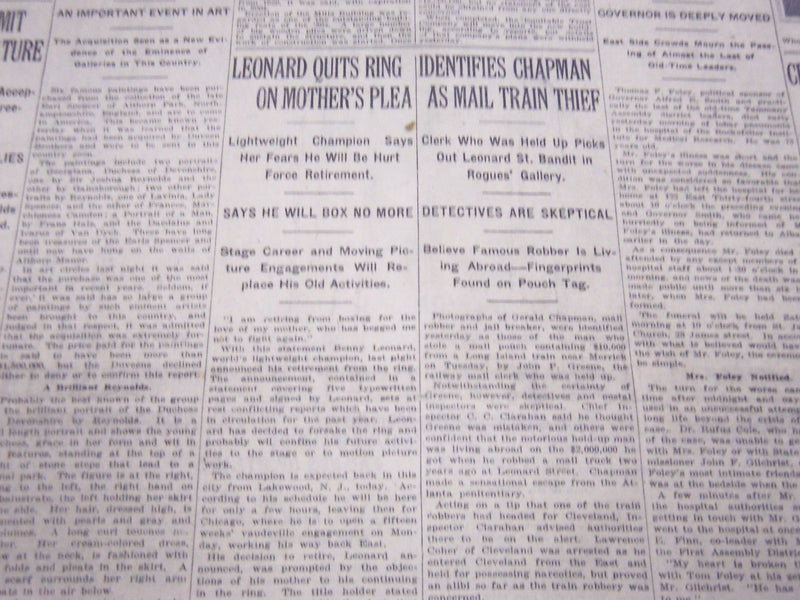 1925 JANUARY 16 NEW YORK TIMES - LEONARD QUITS RING, THOMAS FOLEY DIES - NT 5122