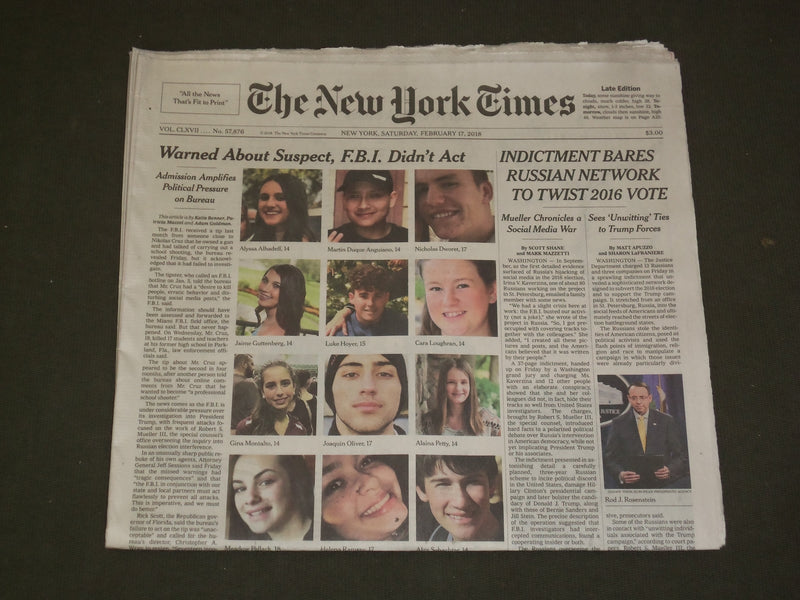 2018 FEBRUARY 17 NEW YORK TIMES - WARNED ABOUT KILLING SUSPECT, FBI DIDN'T ACT