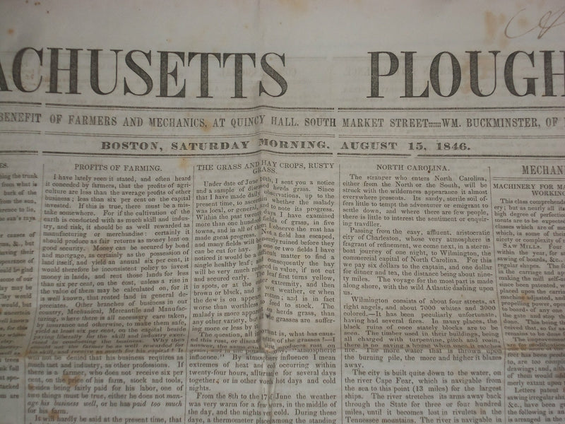1846 AUGUST 15 MASSACHUSETTS PLOUGHMAN - SAW MILLS - OREGON TREATY - NP 5128