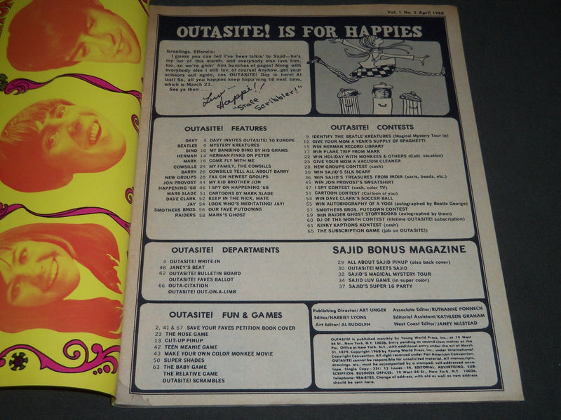 1968 FEBRUARY OUTASITE! MAGAZINE - FIRST ISSUE - MONKEES COVER - ST 4910