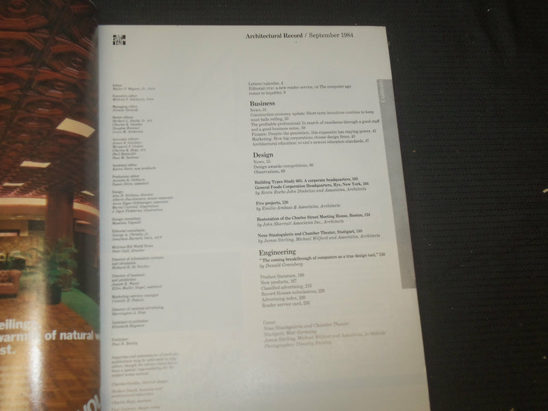 1984 SEPTEMBER ARCHITECTURAL RECORD MAGAZINE - NEUE STAATSGALERIE - ST 1682H