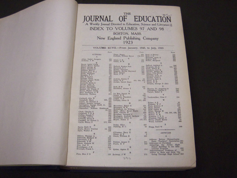 1923 JANUARY-DECEMBER JOURNAL OF EDUCATION BOUND VOLUME - COMPLETE YEAR - R 933