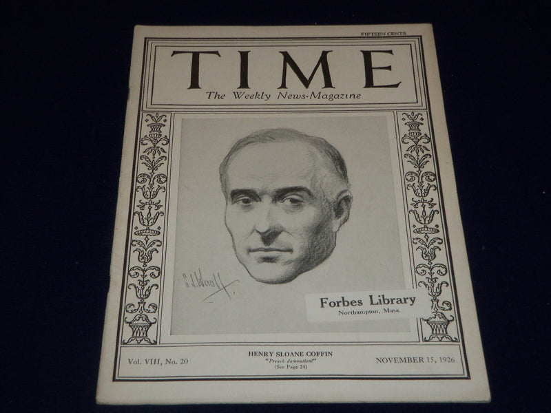 1926 NOVEMBER 15 TIME MAGAZINE - HENRY SLOANE COFFIN COVER - T 15