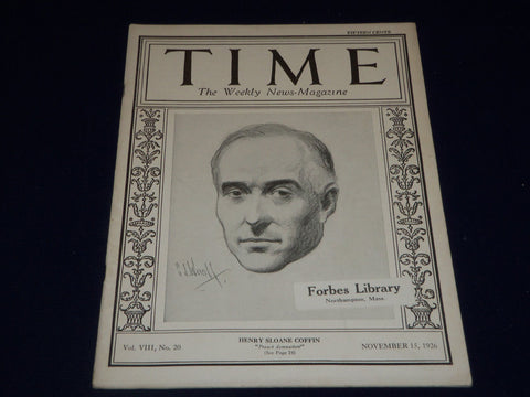1926 NOVEMBER 15 TIME MAGAZINE - HENRY SLOANE COFFIN COVER - T 15