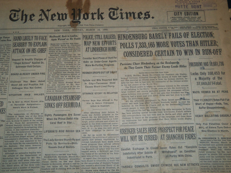 1932 MARCH 14 NEW YORK TIMES -POLICE MAP NEW EFFORTS AT LINDBERGH HOME - NT 7440