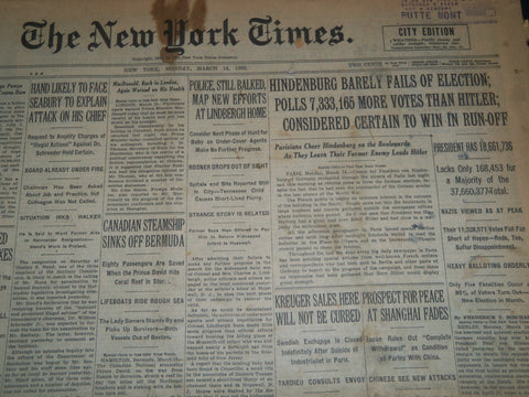 1932 MARCH 14 NEW YORK TIMES -POLICE MAP NEW EFFORTS AT LINDBERGH HOME - NT 7440
