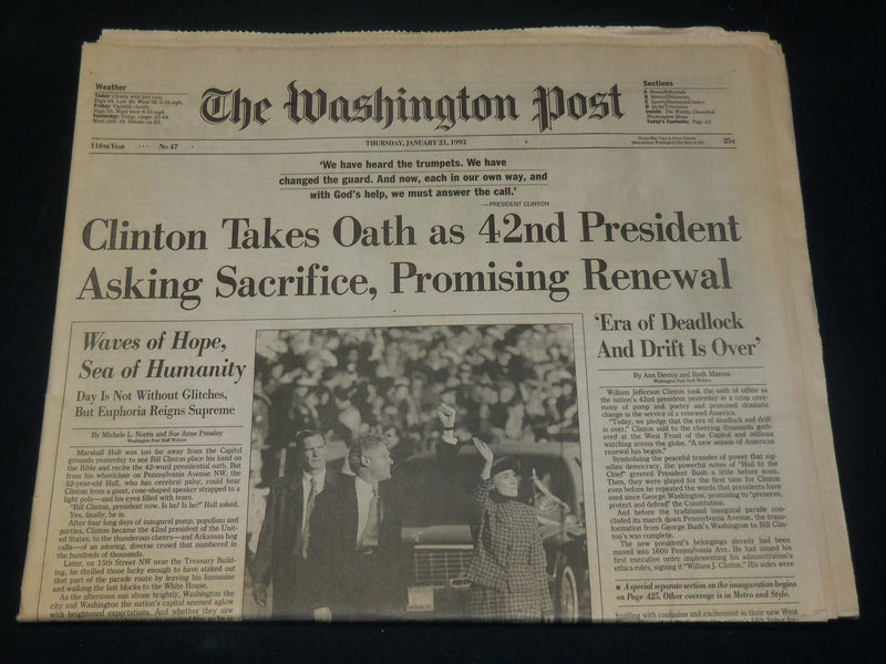 1993 JANUARY 21 WASHINGTON POST NEWSPAPER - CLINTON TAKES OATH - NP 4918