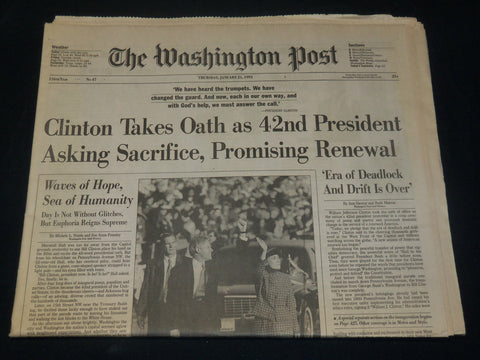 1993 JANUARY 21 WASHINGTON POST NEWSPAPER - CLINTON TAKES OATH - NP 4918