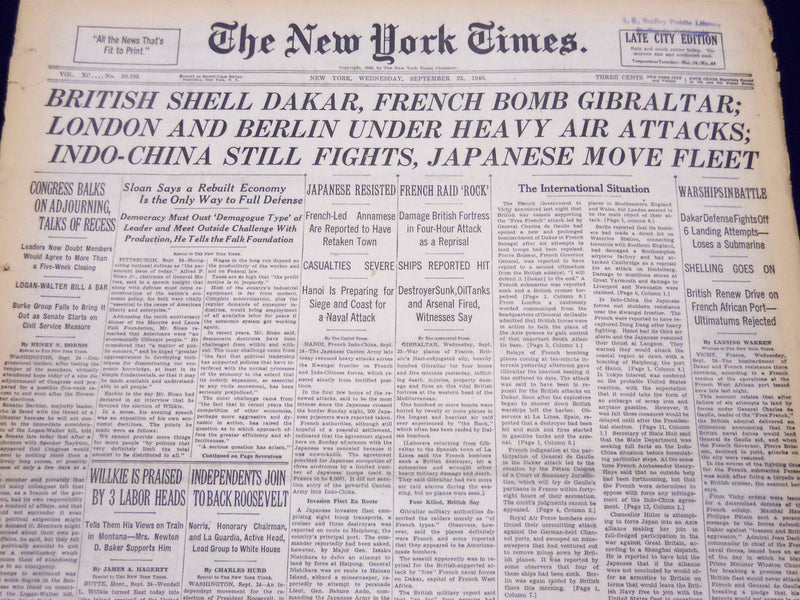 1940 SEPT 25 NEW YORK TIMES - BRITISH SHELL DAKAR FRENCH BOMB GIBRALTAR - NT 214