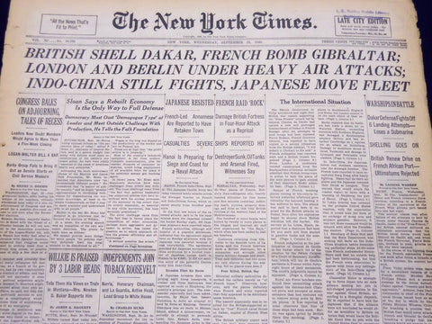 1940 SEPT 25 NEW YORK TIMES - BRITISH SHELL DAKAR FRENCH BOMB GIBRALTAR - NT 214