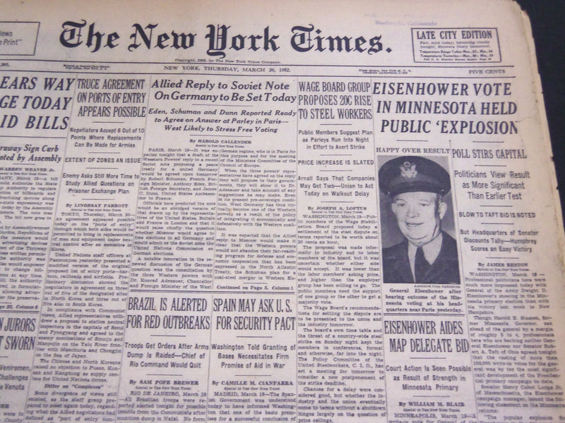 1952 MARCH 20 NEW YORK TIMES - EISENHOWER VOTE IN MINNESOTA HELD - NT 4597