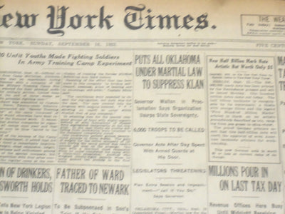 1923 SEP 16 NEW YORK TIMES- OKLAHOMA UNDER MARTIAL LAW TO SURPRESS KLAN- NT 9363