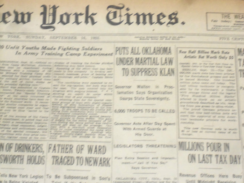 1923 SEP 16 NEW YORK TIMES- OKLAHOMA UNDER MARTIAL LAW TO SURPRESS KLAN- NT 9363