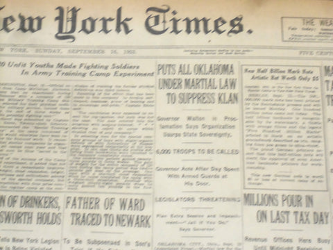 1923 SEP 16 NEW YORK TIMES- OKLAHOMA UNDER MARTIAL LAW TO SURPRESS KLAN- NT 9363