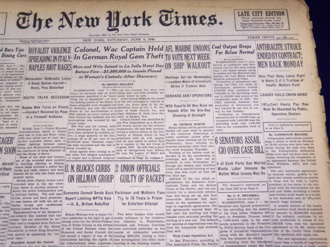 1946 JUNE 8 NEW YORK TIMES NEWSPAPER - ANTHRACITE STRIKE ENDED - NT 2697