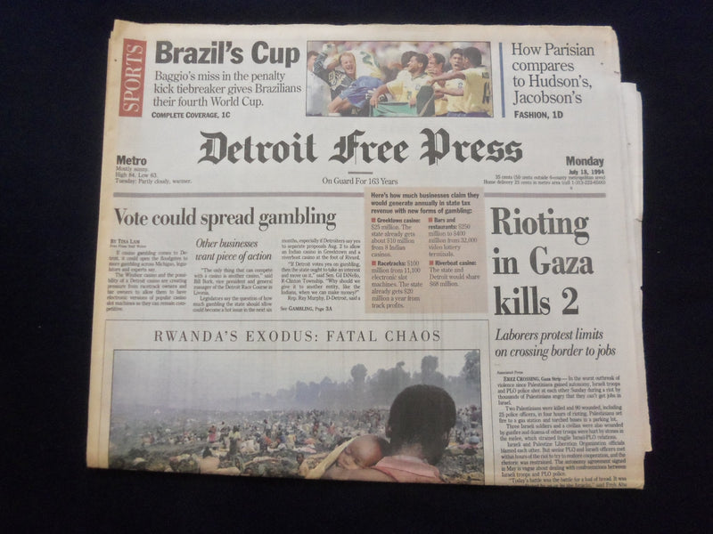 1994 JULY 18 DETROIT FREE PRESS NEWSPAPER - RIOTING IN GAZA KILLS 2 - NP 7232
