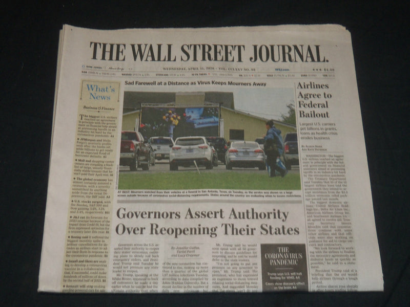 2020 APRIL 15 THE WALL STREET JOURNAL NEWSPAPER - GOV ASSERT AUTHORITY TO REOPEN