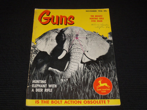 1956 NOVEMBER GUNS MAGAZINE - HUNTING ELEPHANT WITH DEER RIFLE COVER - E 12548