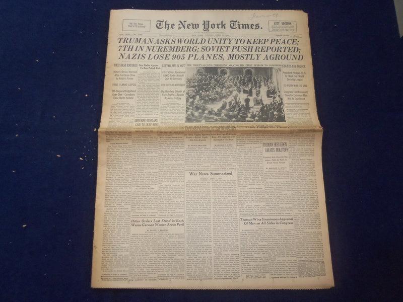 1945 APRIL 17 NEW YORK TIMES - TRUMAN ASKS WORLD UNITY TO KEEP PEACE - NP 6694