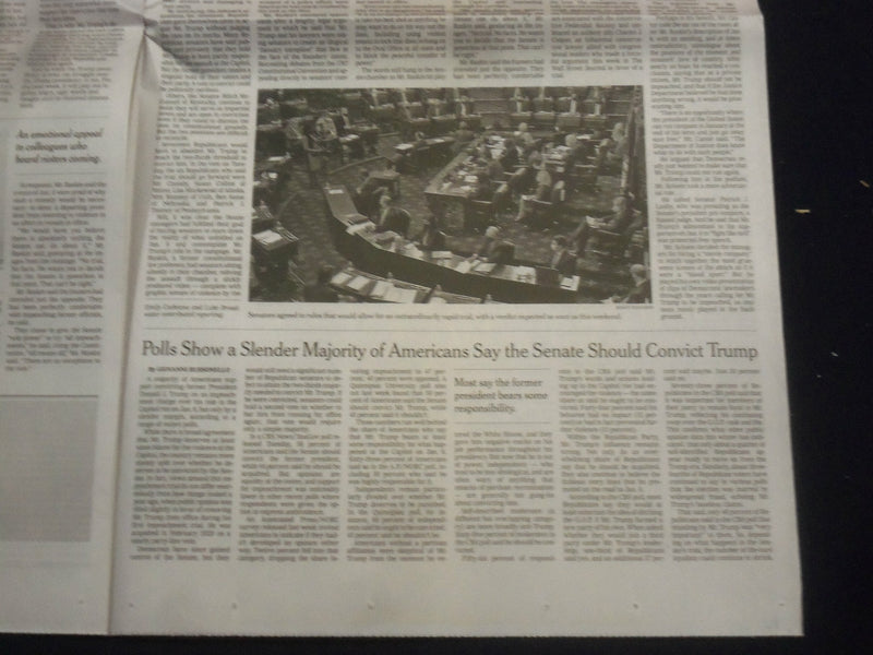 2021 FEBRUARY 10 NEW YORK TIMES - SENATE VOTES TO TRY TRUMP OVER CAPITOL RIOT