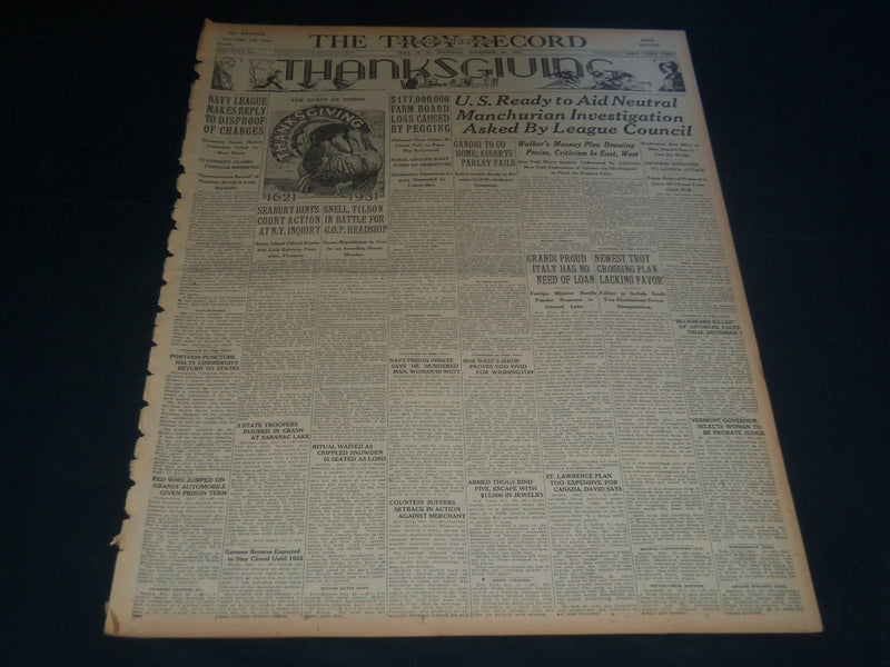1931 NOVEMBER 26 TROY MORNING RECORD NEWSPAPER - THANKSGIVING - NT 7473