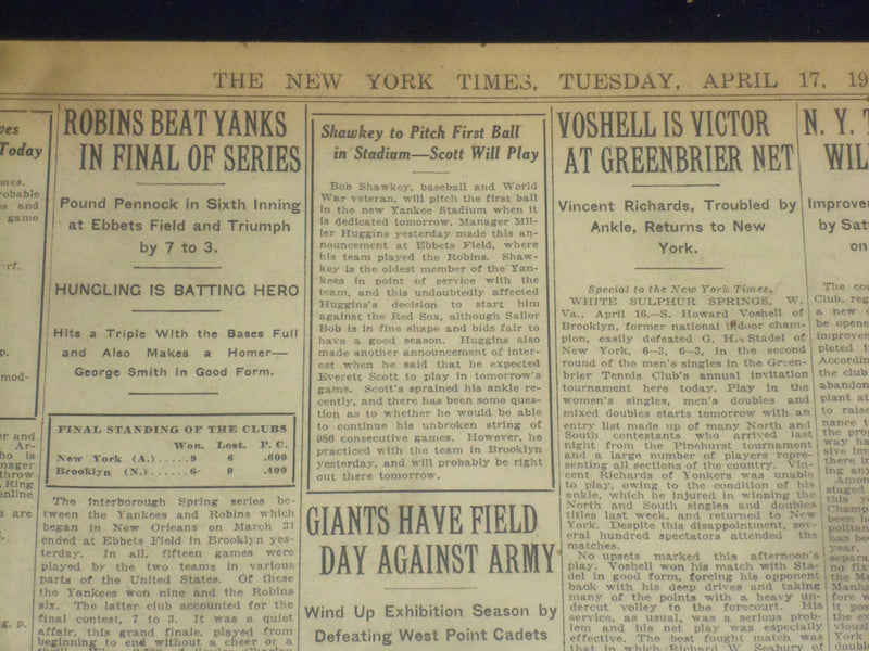 1923 APRIL 17 NEW YORK TIMES - SHAWKEY TO PITCH FIRST BALL IN STADIUM - NT 8359