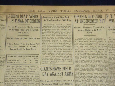 1923 APRIL 17 NEW YORK TIMES - SHAWKEY TO PITCH FIRST BALL IN STADIUM - NT 8359