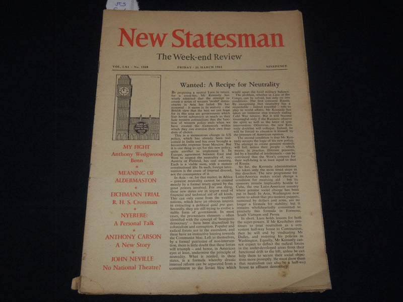 1961 MARCH 31 NEW STATESMAN WEEK-END REVIEW MAGAZINE - EICHMANN TRIAL - K 2060