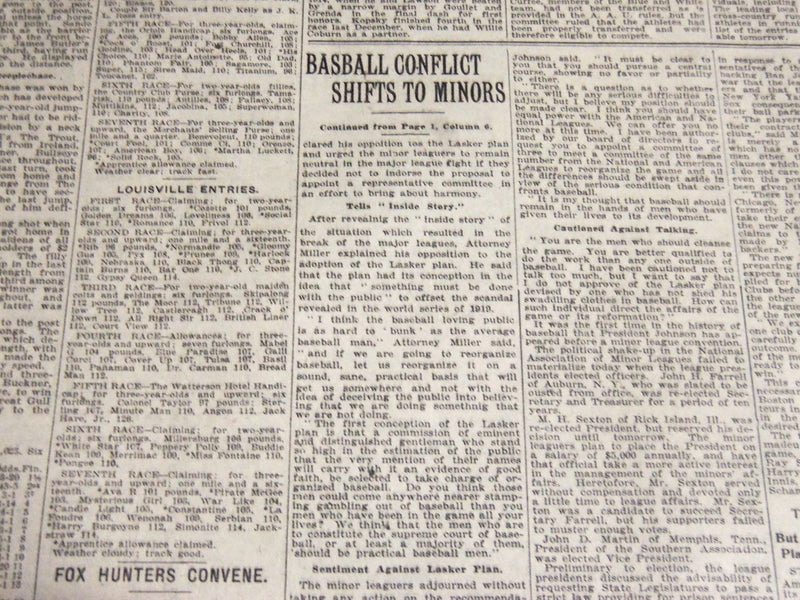 1920 NOVEMBER 10 NEW YORK TIMES - BASEBALL CONFLICT SHIFTS TO MINORS - NT 6729