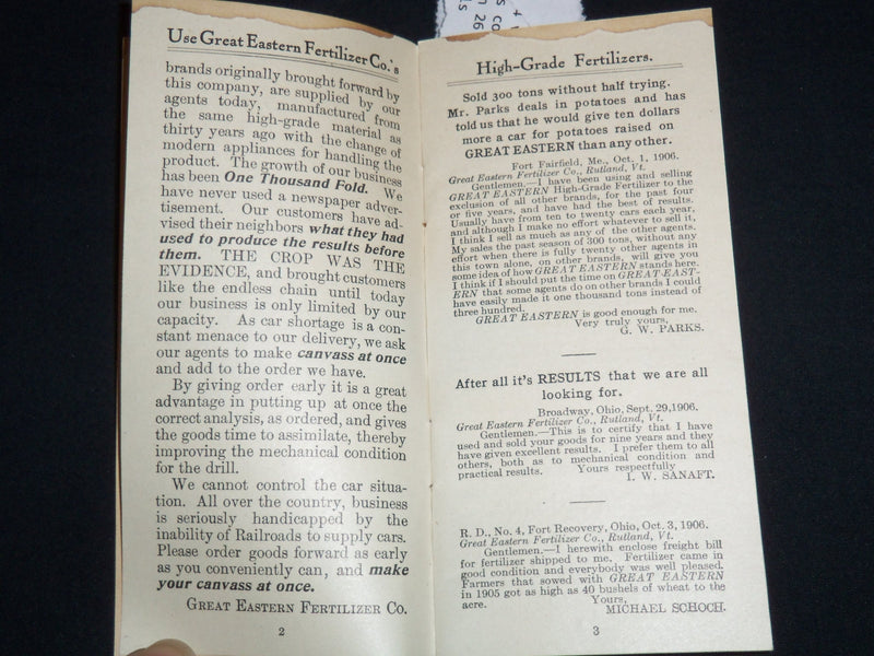 1907 GREAT EASTERN FERTILIZER CO. CATALOG - RUTLAND VERMONT - J 8821