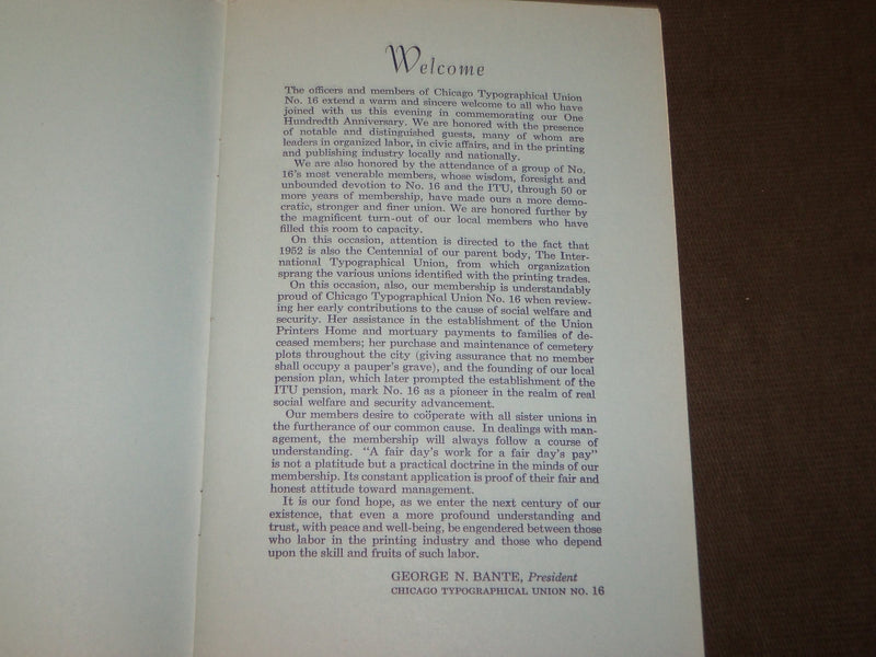 1952 OCTOBER CHICAGO TYPOGRAPHICAL UNION ANNIVERSARY DINNER PROGRAM - J 3495