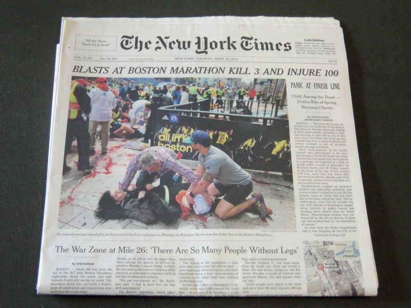 2013 APRIL 16 NEW YORK TIMES - BLASTS AT BOSTON MARATHON KILLS 3 - NP 2559
