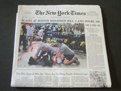 2013 APRIL 16 NEW YORK TIMES - BLASTS AT BOSTON MARATHON KILLS 3 - NP 2559