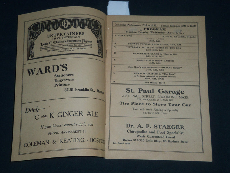 1920 FENWAY THEATRE PROGRAM - NORMA TALMADGE IN DAUGHTER OF TWO WORLDS - J 4080