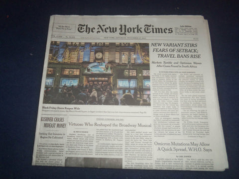 2021 NOVEMBER 27 NEW YORK TIMES -NEW VARIANT STIRS FEARS OF SETBACK; TRAVEL BANS