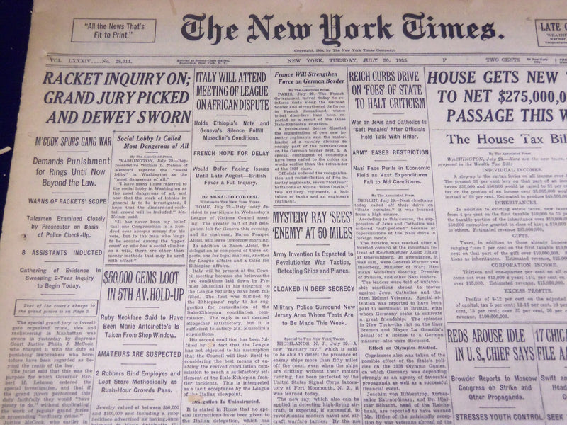 1935 JULY 30 NEW YORK TIMES - RACKET INQUIRY ON, DEWEY SWORN - NT 1985