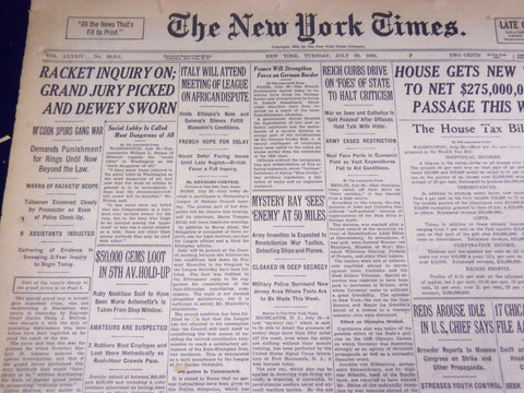 1935 JULY 30 NEW YORK TIMES - RACKET INQUIRY ON, DEWEY SWORN - NT 1985