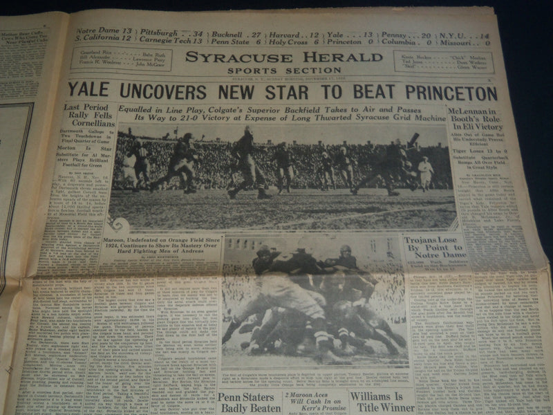 1929 SYRACUSE NY HERALD NEWSPAPER - COLGATE CRUSHES SYRACUSE 21-0 - NP 3788