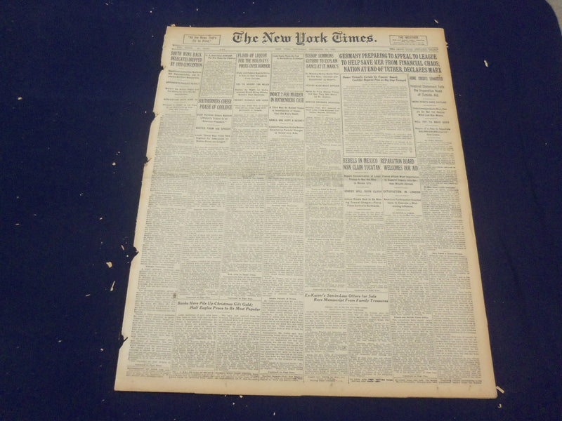 1923 DECEMBER 13 NEW YORK TIMES - GERMANY APPEALS TO LEAGUE TO SAVE HER- NT 9236
