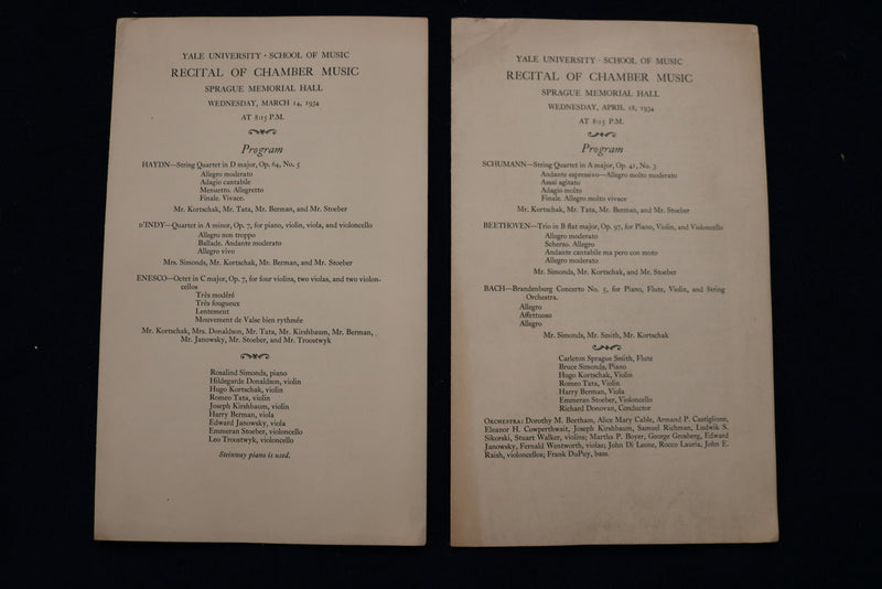 1934 YALE UNIVERSITY SCHOOL OF MUSIC RECITAL PROGRAMS - LOT OF 2 - K 1501