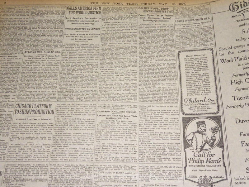 1920 MAY 28 NEW YORK TIMES - WILSON BETOES RESOLUTION, RUTH 2 HOMERS - NT 8680